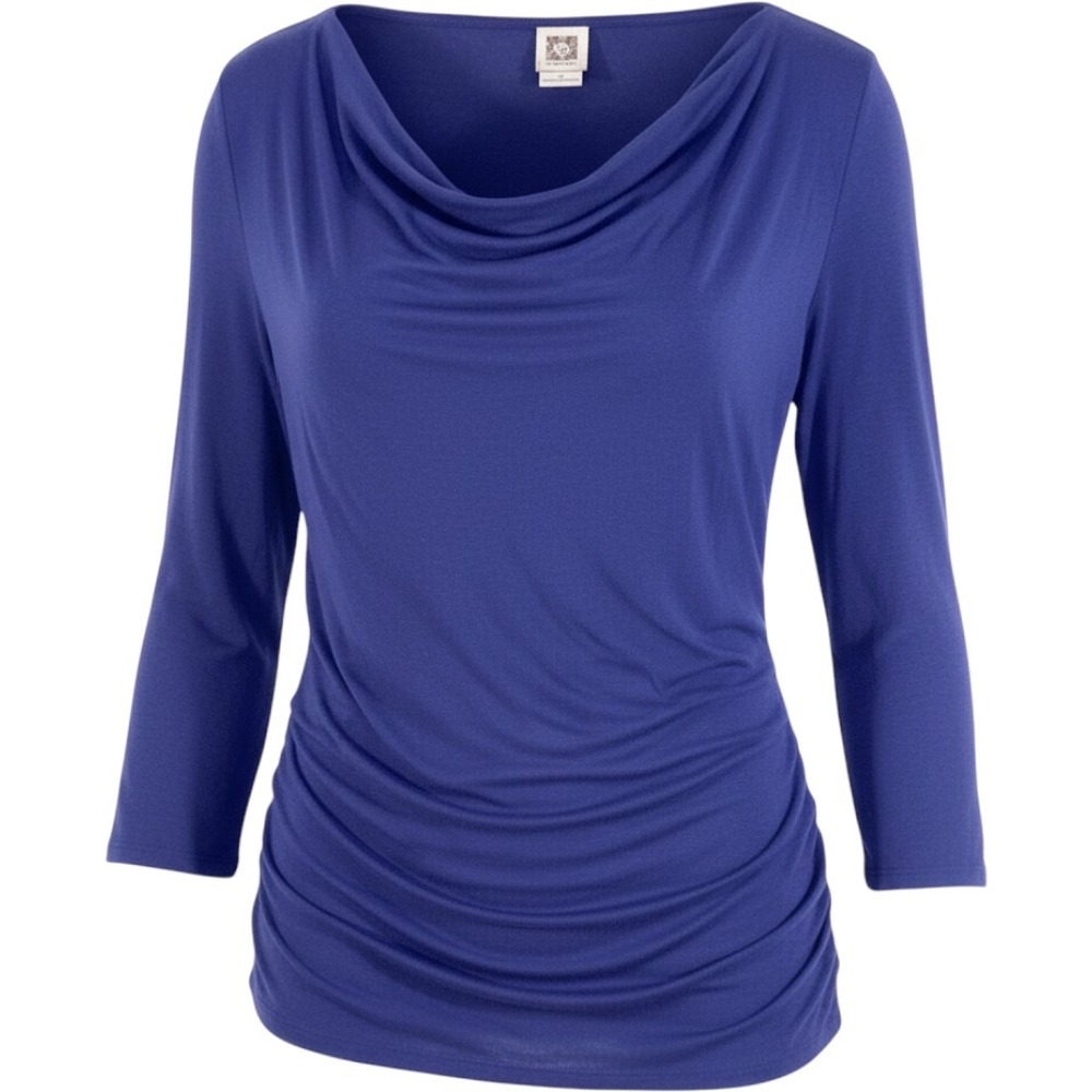 Ann Klein Draped Cowl Neck Top Womens S Long Faux Wrap Layered Cobalt Blue